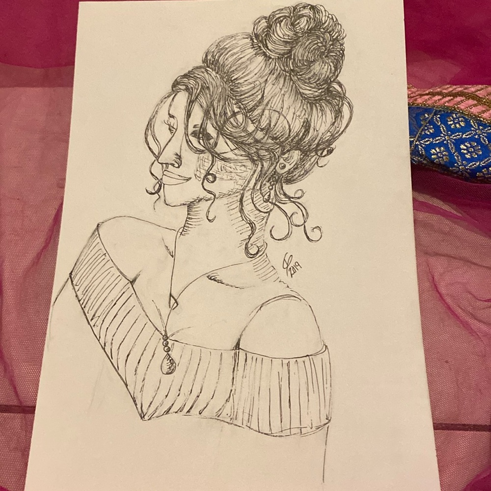 Unframed Original Art Drawing in Ink Portrait of Woman with Hair Up